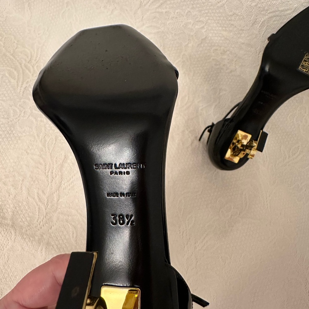 Saint Laurent Black Leather Sandal with Gold YSL Sculptural Heel - Picture 6 of 11